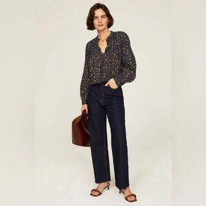 Veronica Beard Navy Floral Smocked Sherwood Blouse, Size 8